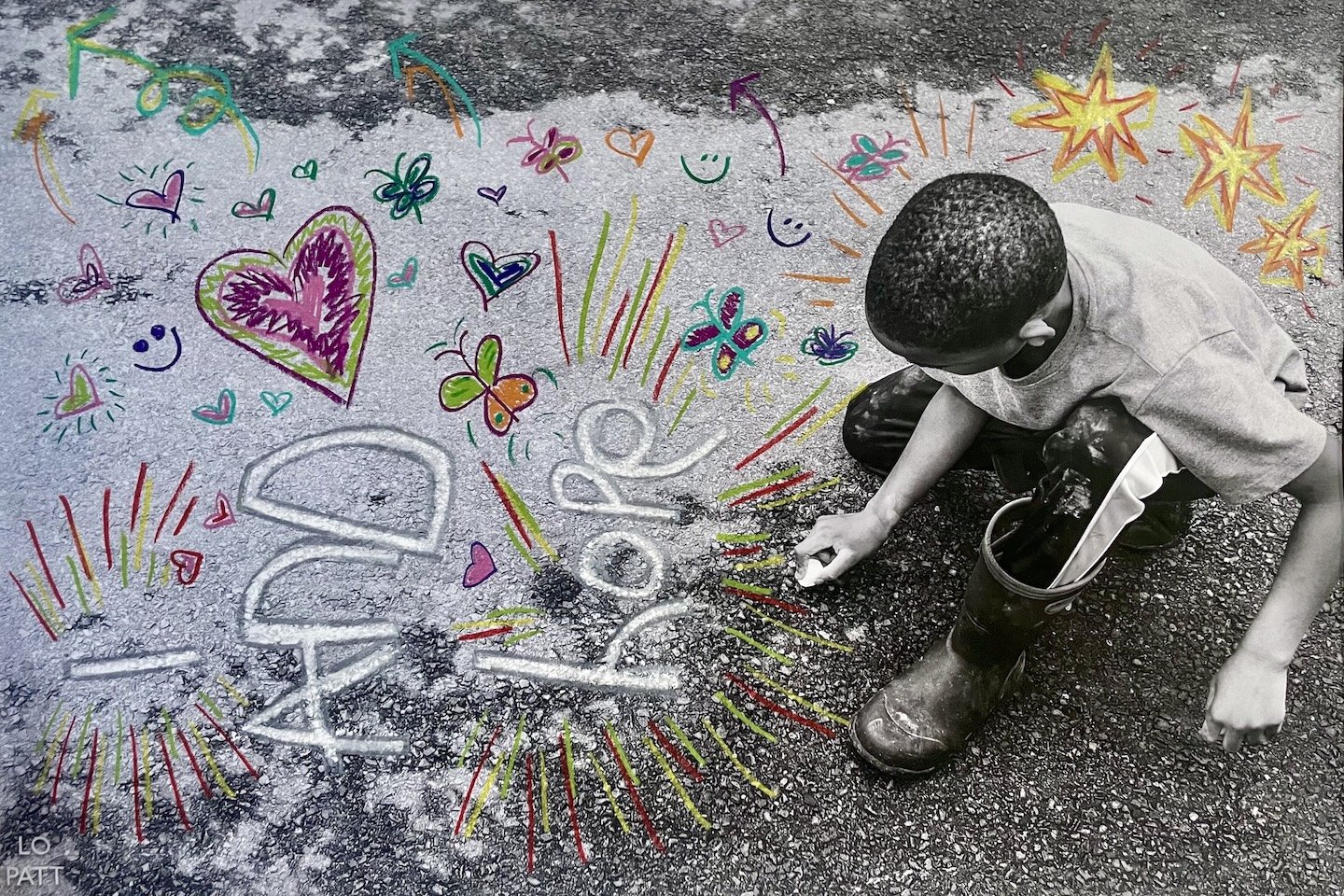    Byson’s Message: Hope and I  , photography, acrylic paint pens, pencils, 24” x 32” 