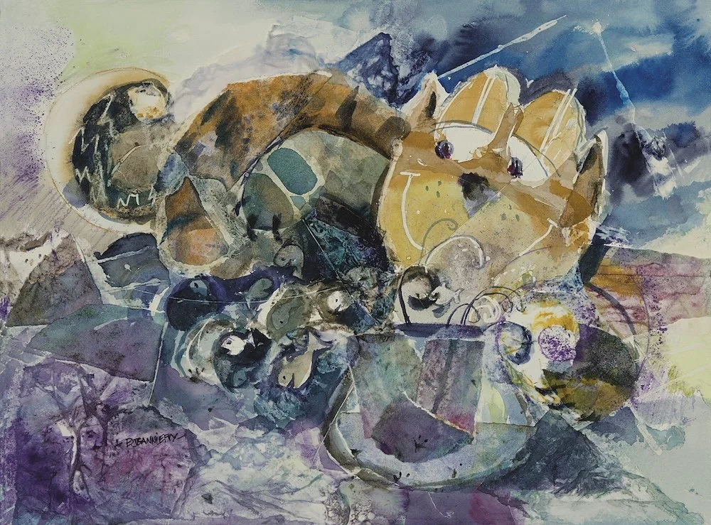    Here Fishy Fishy  , mixed water media/collage, on paper,&nbsp;11" x 15" 