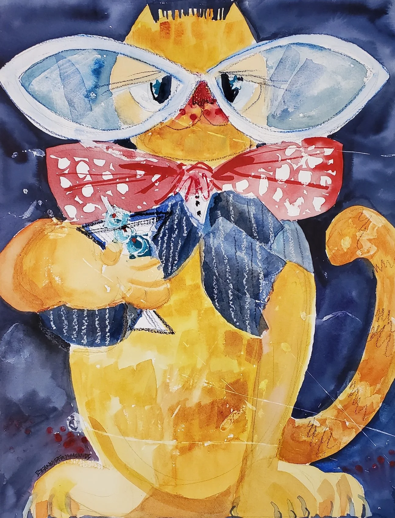    Tuxedo Tom  , mixed water media/collage, on paper, 15" x 11" 