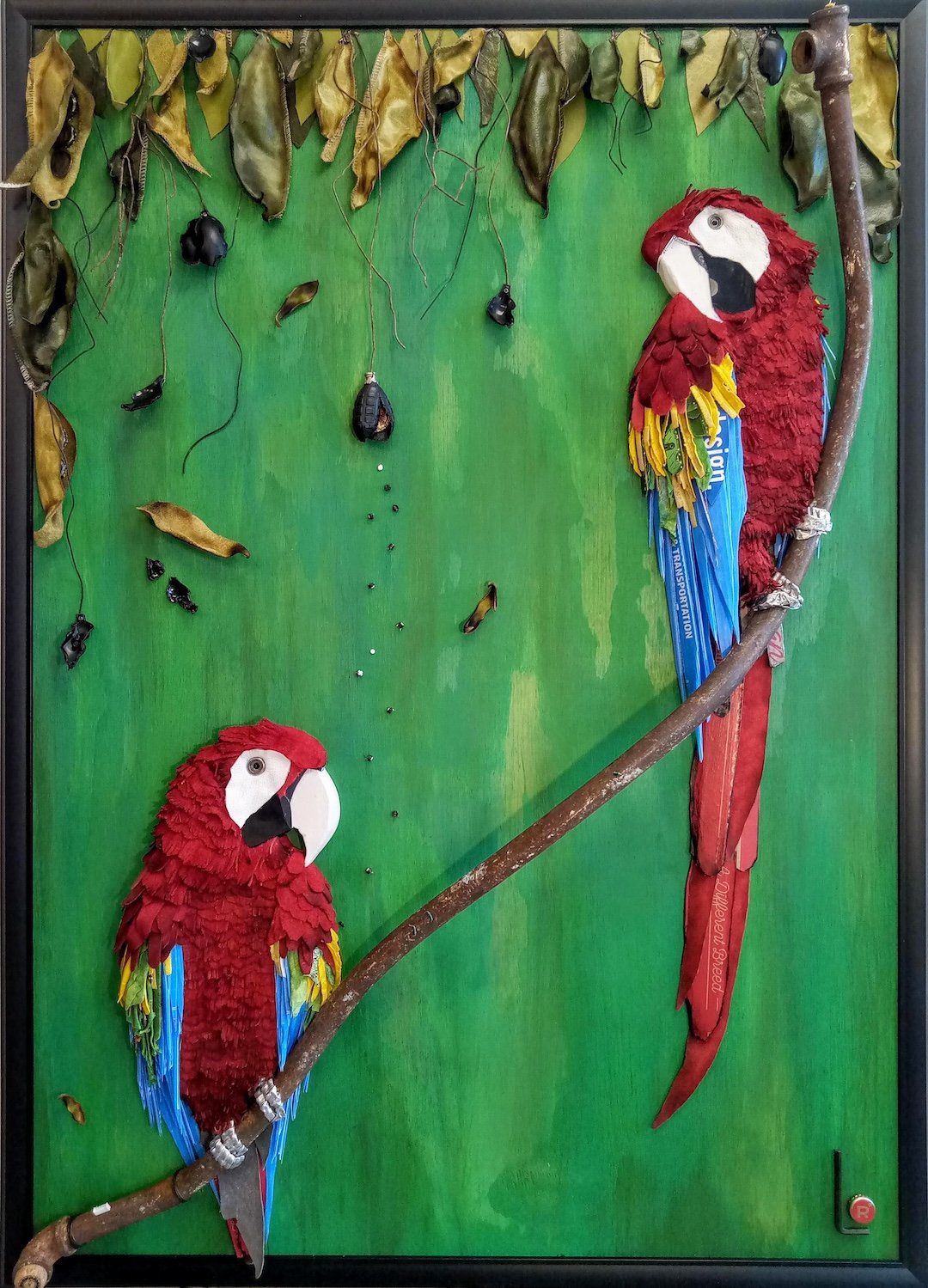    Birds of a Leather, Ascencion and Asos, the Scarlet Leather Macaws  , 54” × 34”,&nbsp;mixed media  