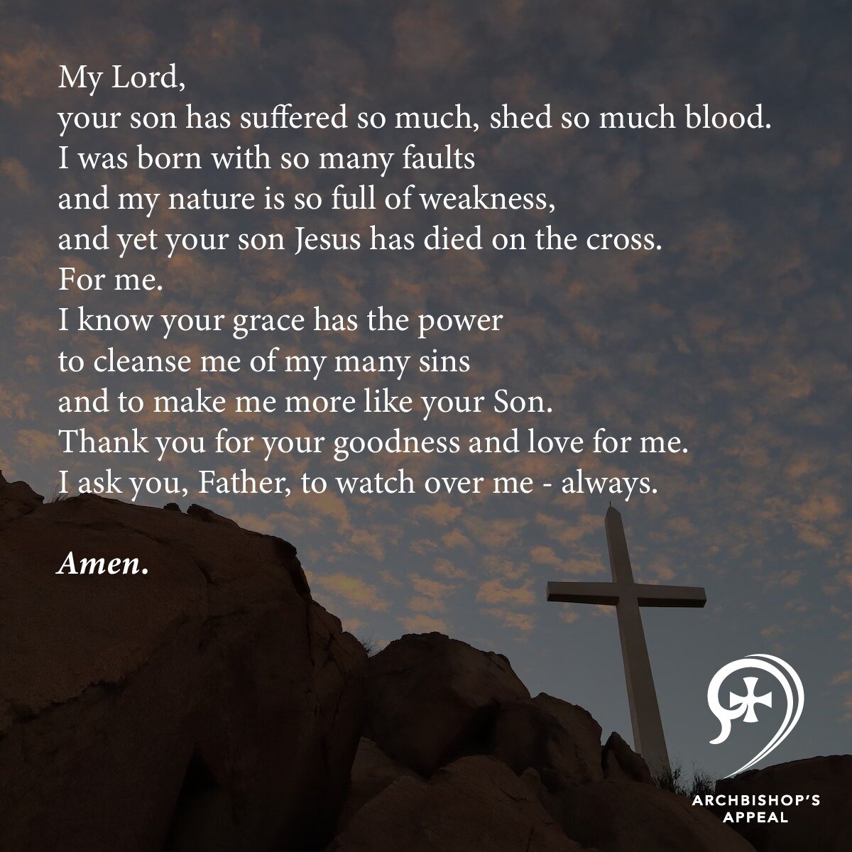 My Lord,
your son has suffered so much, shed so much blood.
I was born with so many faults
and my nature is so full of weakness,
and yet your son Jesus has died on the cross.
For me.
I know your grace has the power
to cleanse me of my many sins
and t