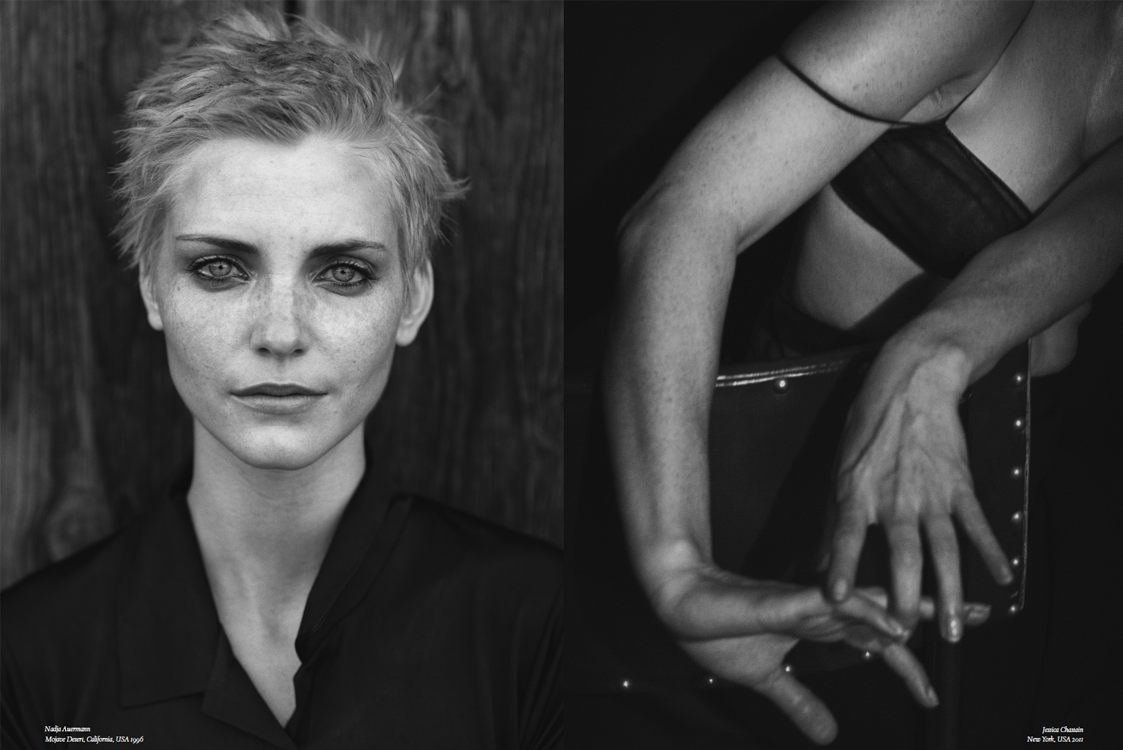 Left: Nadja Auermann, Mojave Desert, California, USA 1996 Right: Jessica Chastain, New York, USA 2011