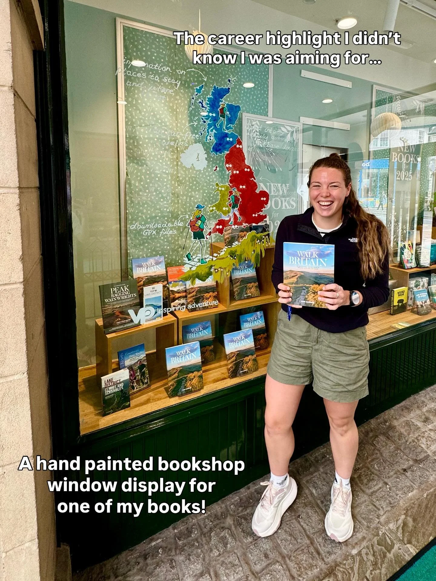In a massive career highlight, yesterday I got to watch amazing artist @vickyfrostart painting my book Walk Britain&rsquo;s very own window display in @waterstones_kendal.

Her illustration shows me traipsing around the country and highlights all the