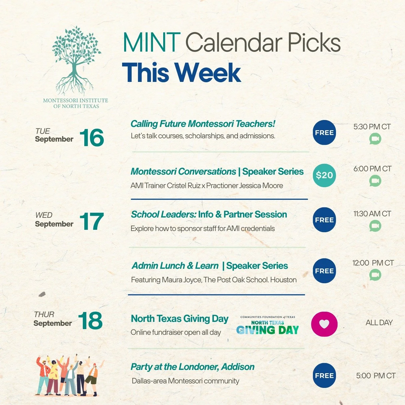 This is a back-to-back event week! Let's get out our planners✨
 TWO CAN&rsquo;T-MISS EVENTS TODAY ✨ ~ On Zoom
👩&zwj;🏫 Info Session for future Montessori teachers &mdash; 5:30 PM CT - Free 
🎙️ Montessori Conversations Speaker Series with Cristel Ru