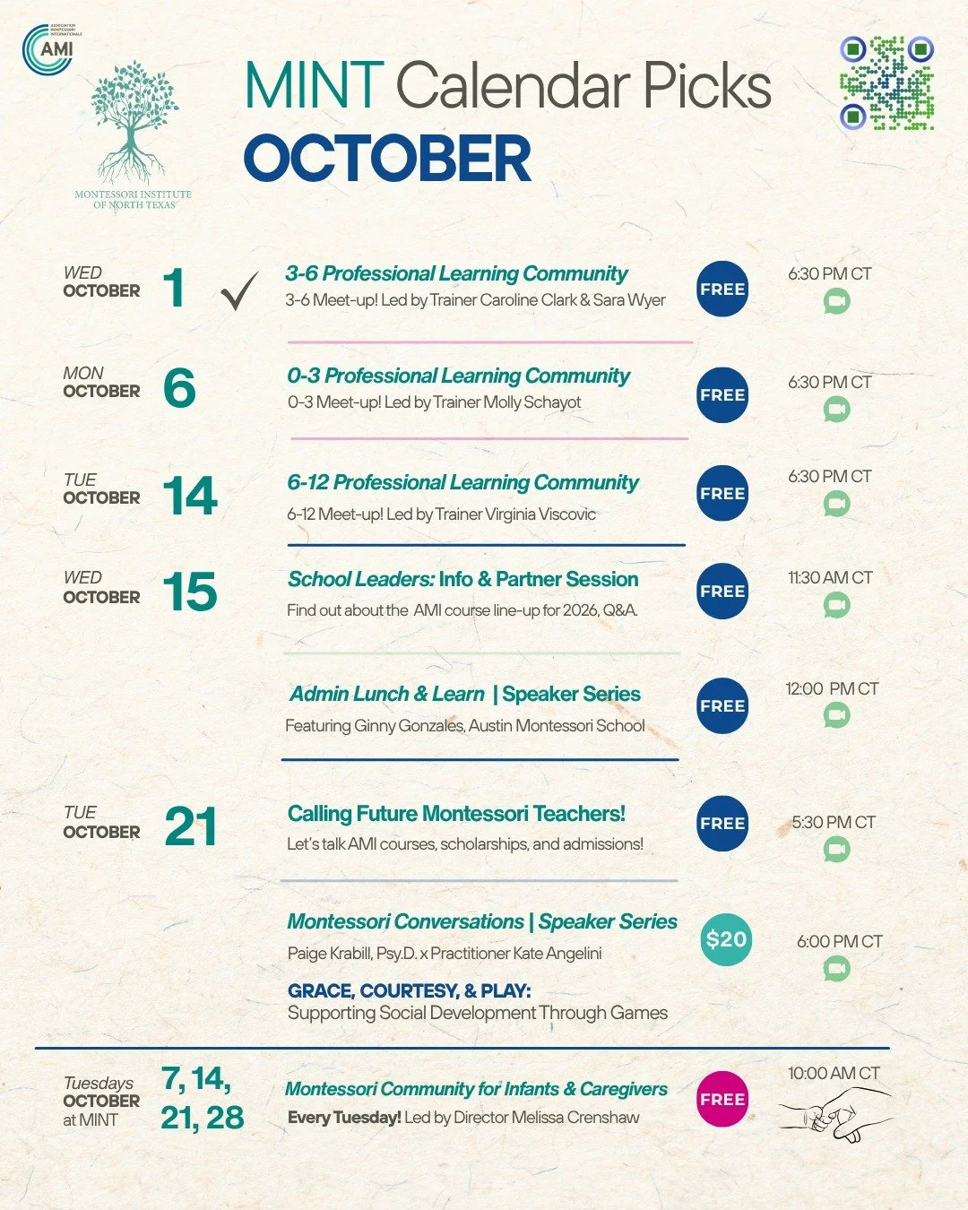 Kicked off October with a great 3&ndash;6 PLC! 🙌 More free events ahead: 0&ndash;3 &amp; 6&ndash;12 PLCs, School Leaders, Lunch &amp; Learn, and more. Don't forget to tell your friends about the Infant meet-ups. montessori-mint.org/programs-catalog