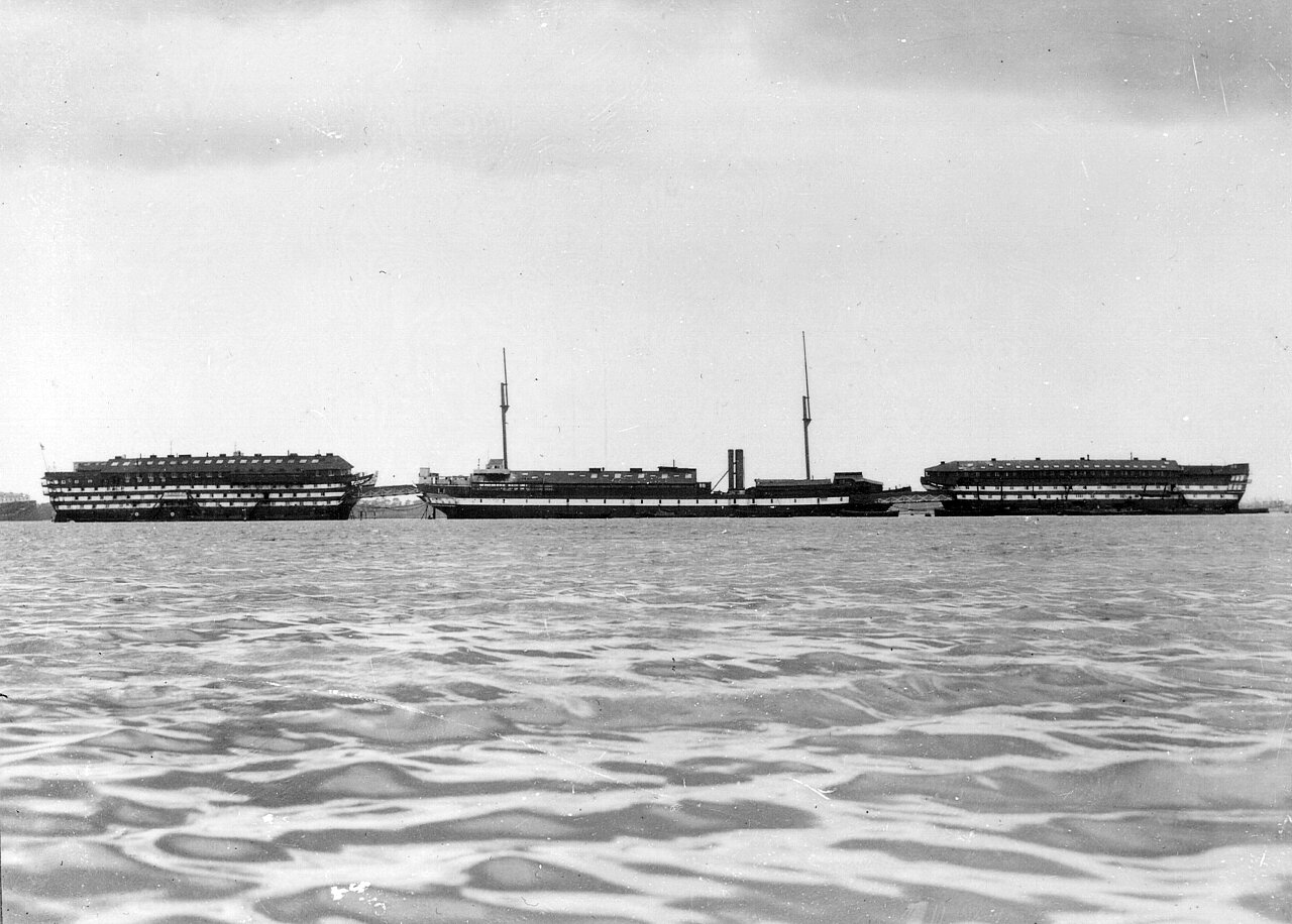 Marlborough (VERNON II), Warrior (VERNON III) and Donegal (VERNON I) in Portchester Creek