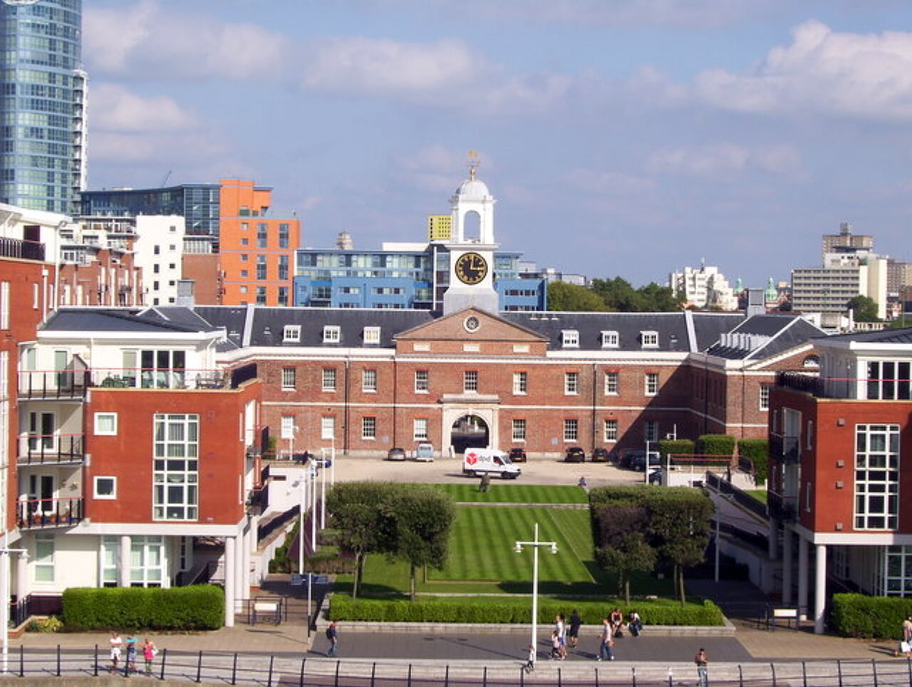 Vulcan Building with the blitzed north wing and clock tower now restored at Gunwharf Quays (formerly HMS VERNON)