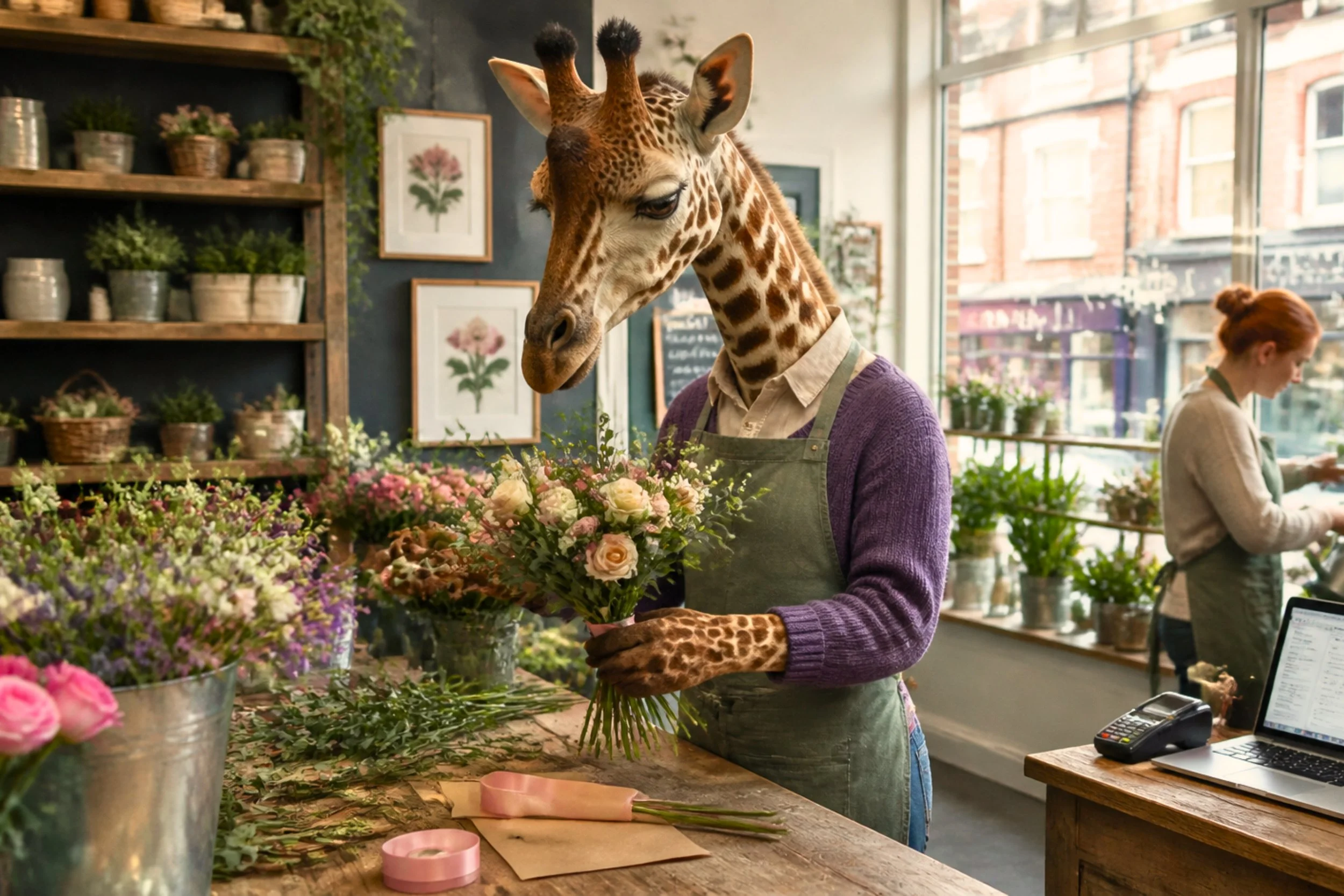 AI generated: a giraffe in a purple jumper and florist’s apron, a metaphor for a disabled entrepreneur, creates a bouquet in their own flower shop.