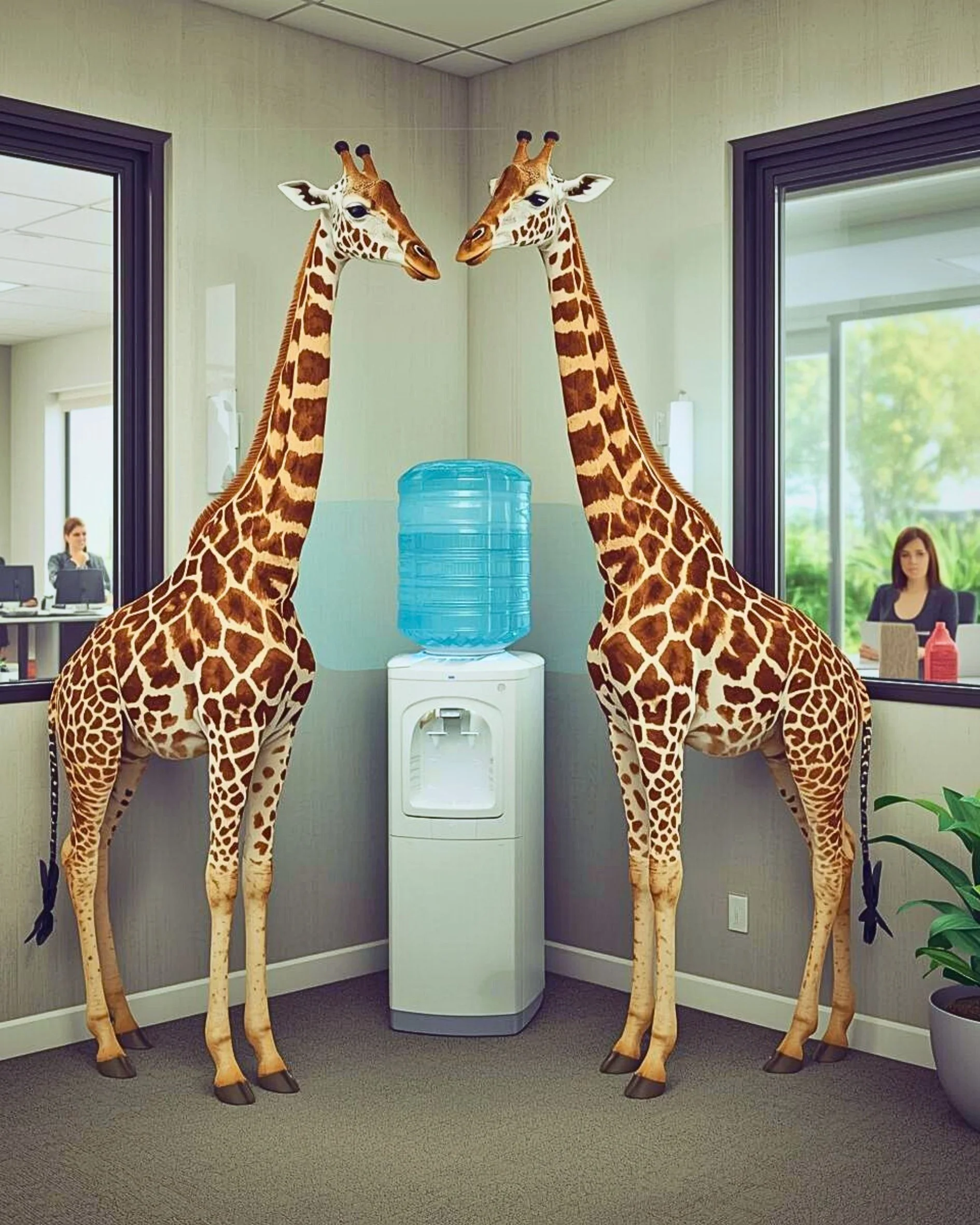 Two giraffes standing in an office corridor on either side of a water cooler, with people working at desks in the background.