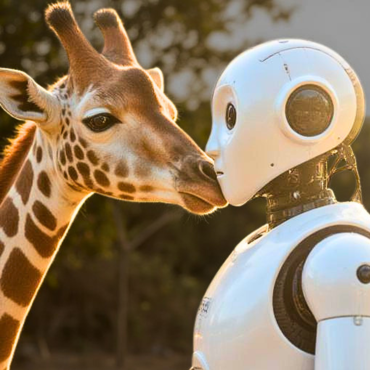 A giraffe gently touching noses with a humanoid robot in golden evening light, symbolising thoughtful collaboration between humans and artificial intelligence.