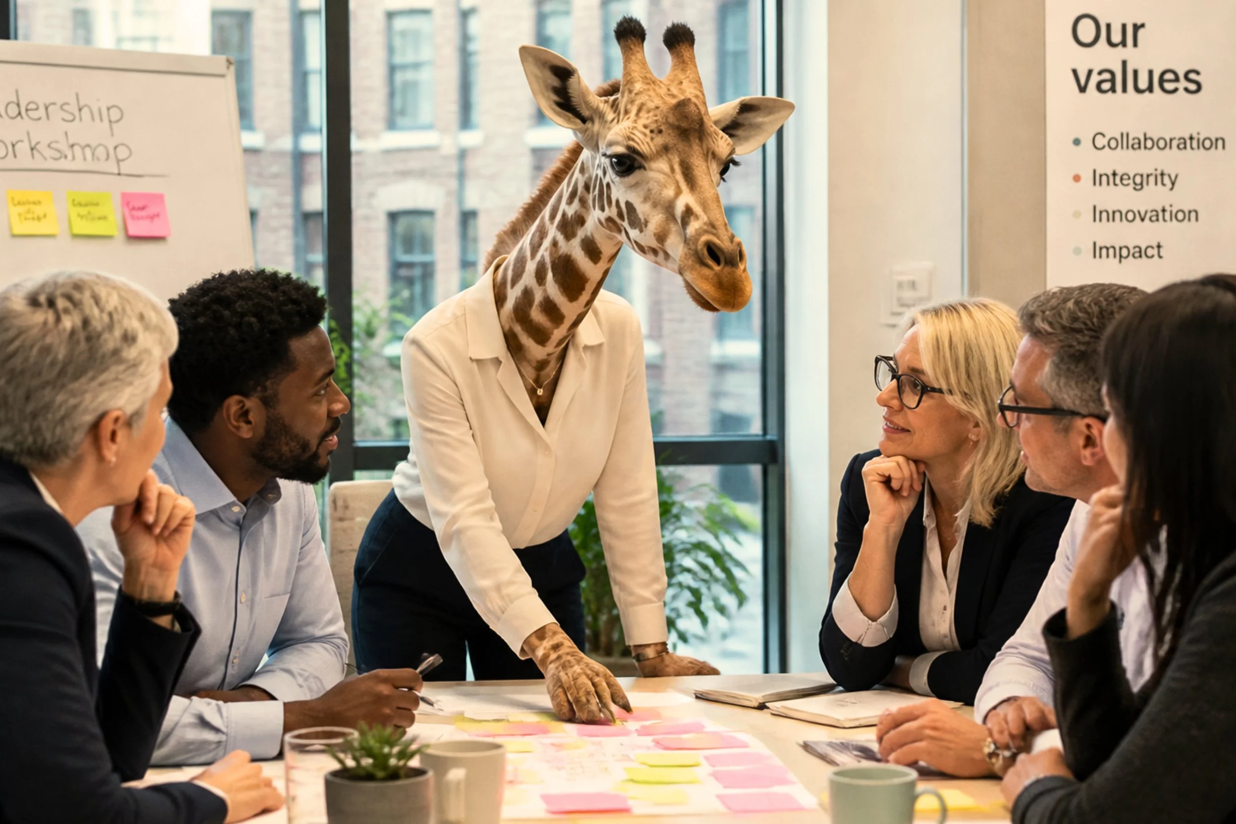AI generated: a giraffe in a white blouse, a metaphor for a disabled professional, leads a workshop with colleagues around a meeting table.