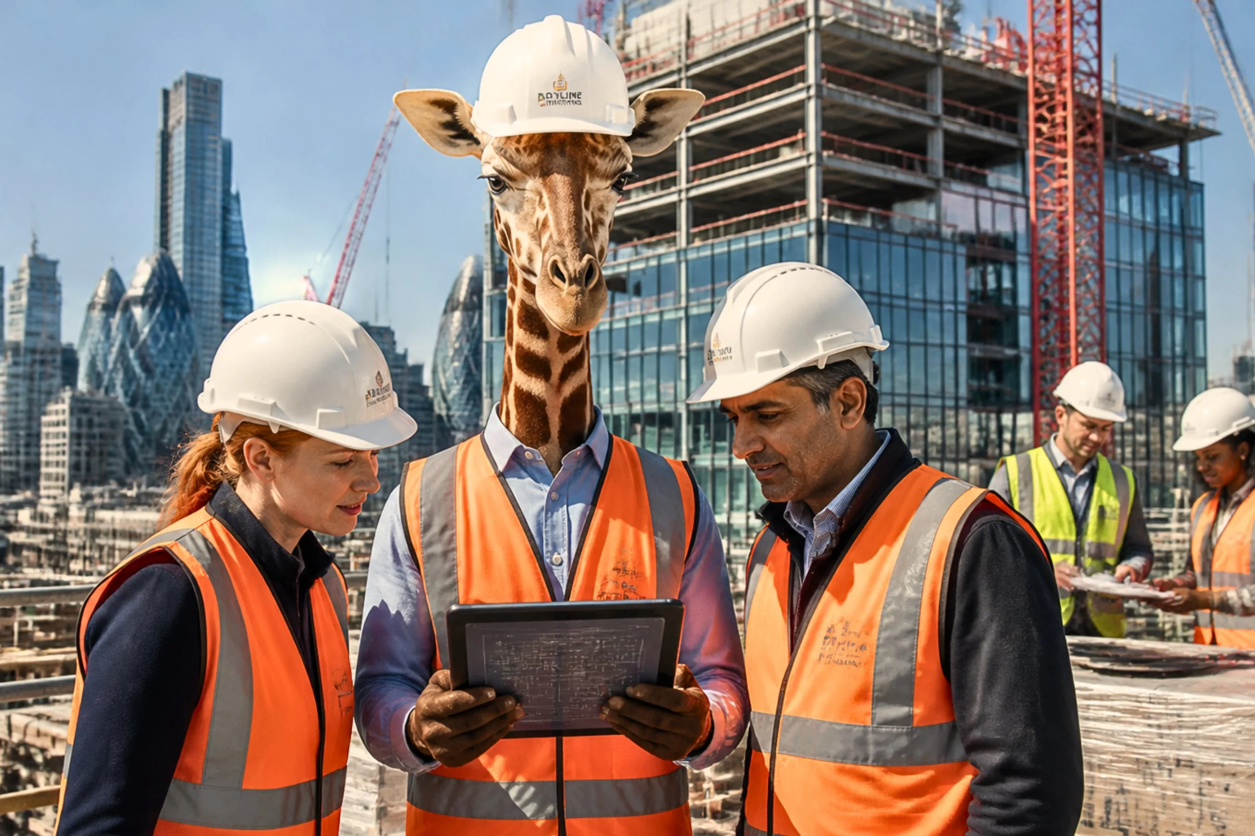 AI generated: a giraffe in a hard hat and hi-vis vest, a metaphor for a disabled professional, reviews plans on a tablet with two colleagues on a city construction site.