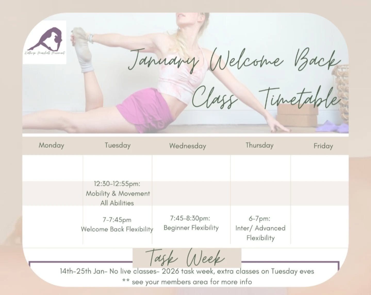 🌟Happy new year to all my flexy members!🌟
‼️ Important information please read! 👇👇👇

🗓️Here is your class timetable for January- please take a look as there are a few changes just for this month!

❄️ I am trying skiing for the first time ⛷️ fro