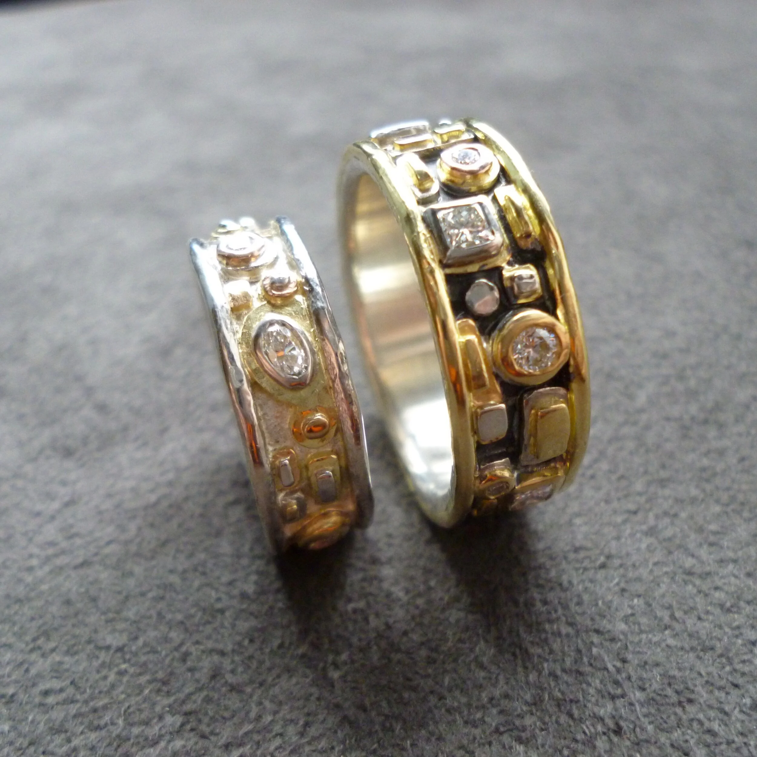 Gold, Palladium and Sterling Silver Bands with Diamonds