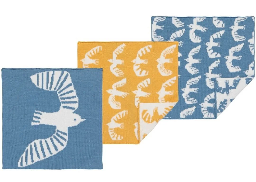 100% cotton knit dishcloths, sold in sets of three birdie prints.