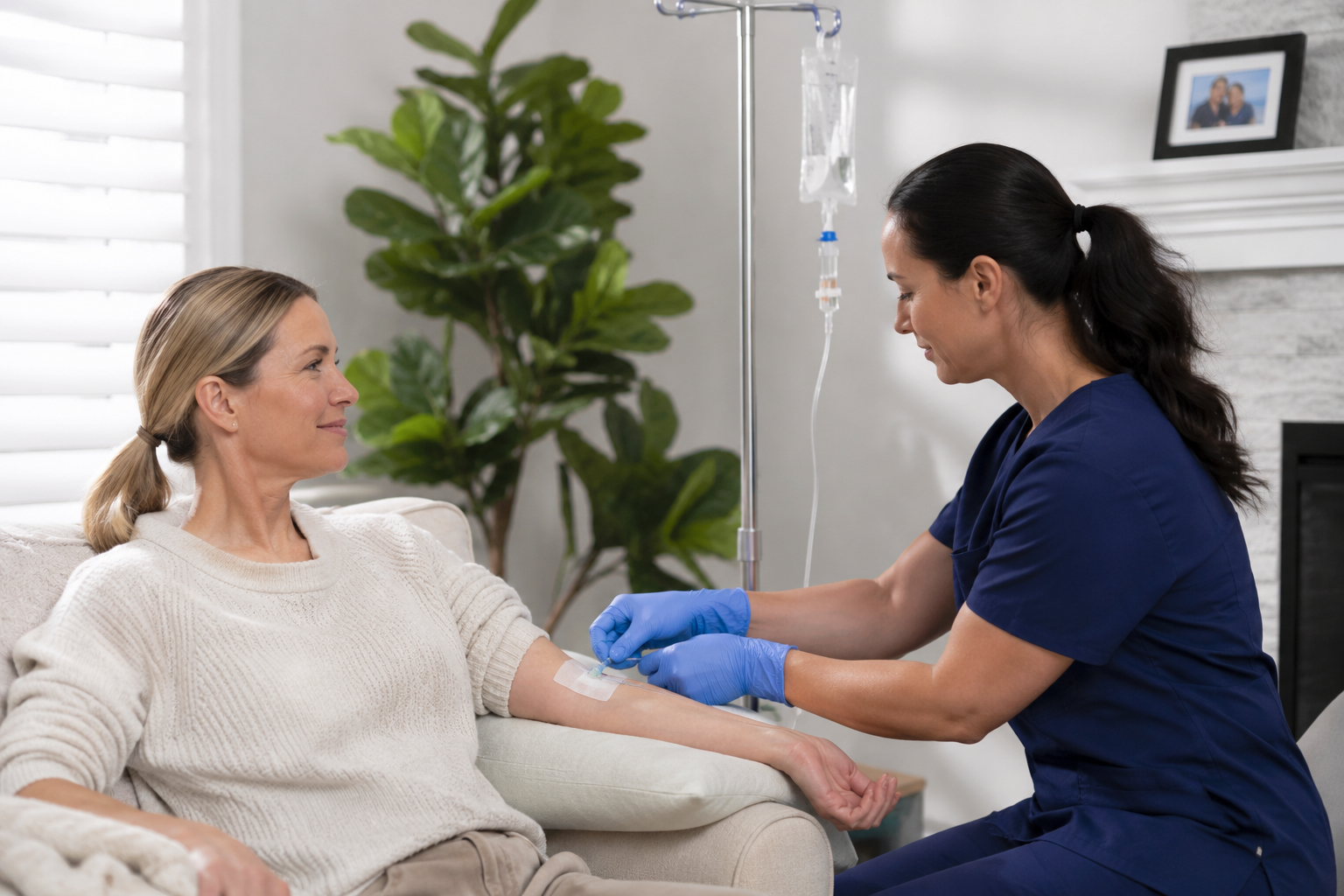 A healthcare professional taking a woman's blood pressure in a medical setting.