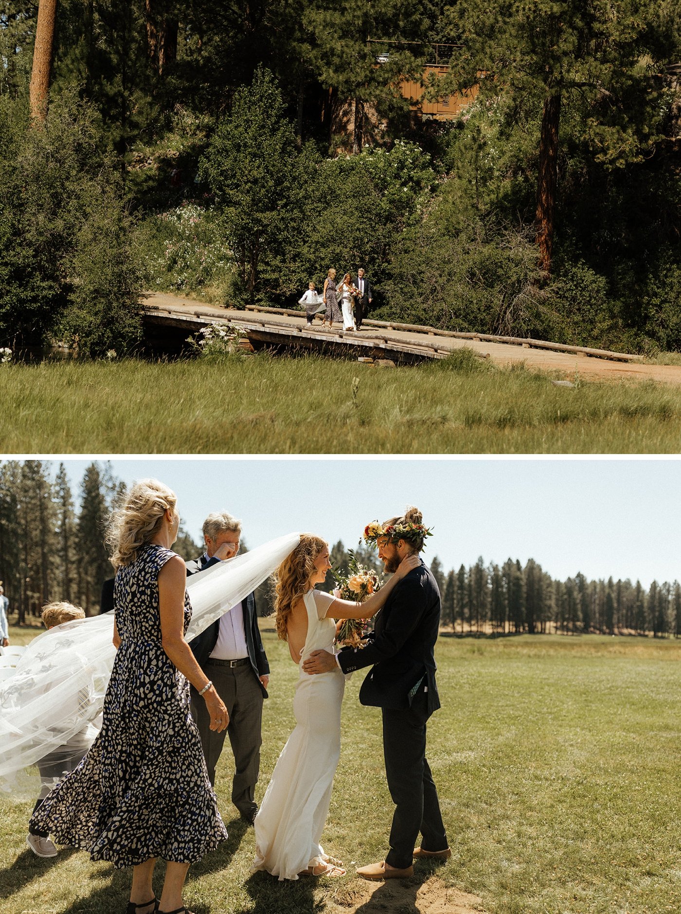 Couple walking down the aisle for their summer wedding at House on Metolius