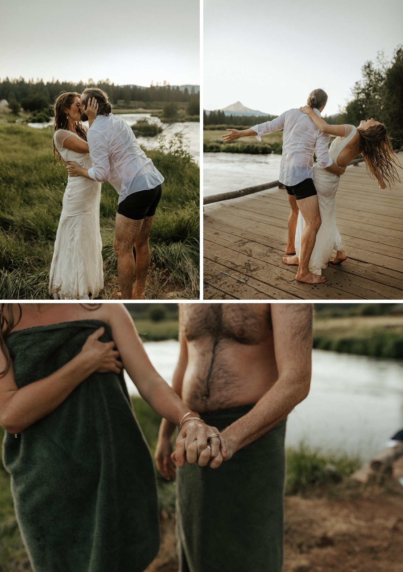 Couple jumping into the Metolius river after their wedding