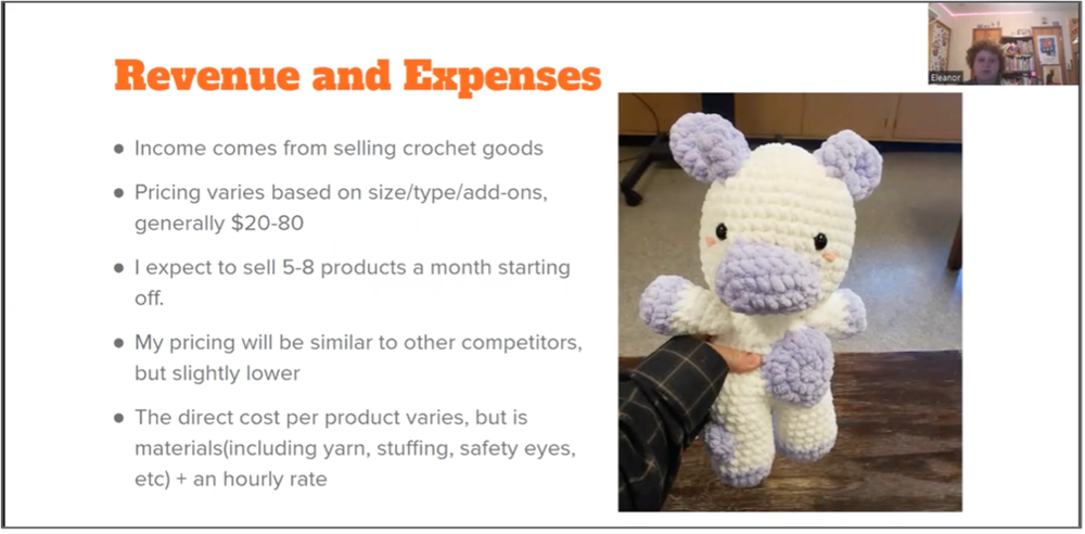  Eleanor talks about her expected revenue and expenses for their venture, Dismay Crochet. 
