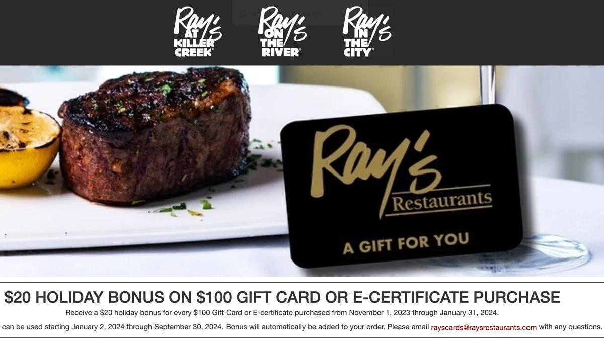 Ray’s Restaurants Extends Gift Card Bonus Offer Through Jan. 31