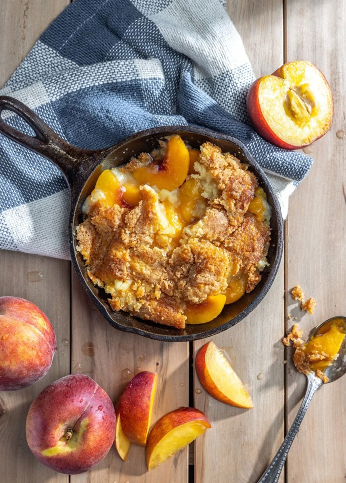 Cowboy Chicken's peach cobbler on a table