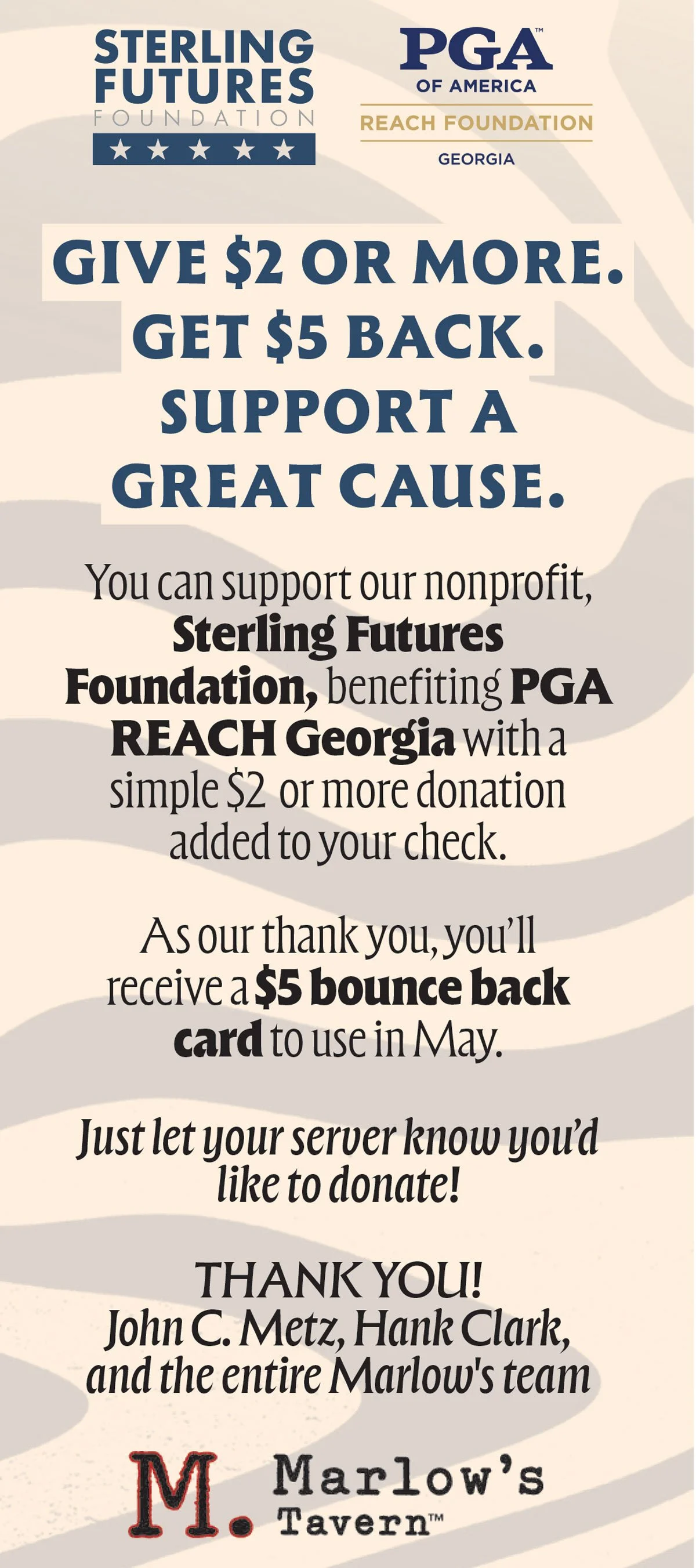 Flyer for Marlow's Tavern's April 2026 give back campaign