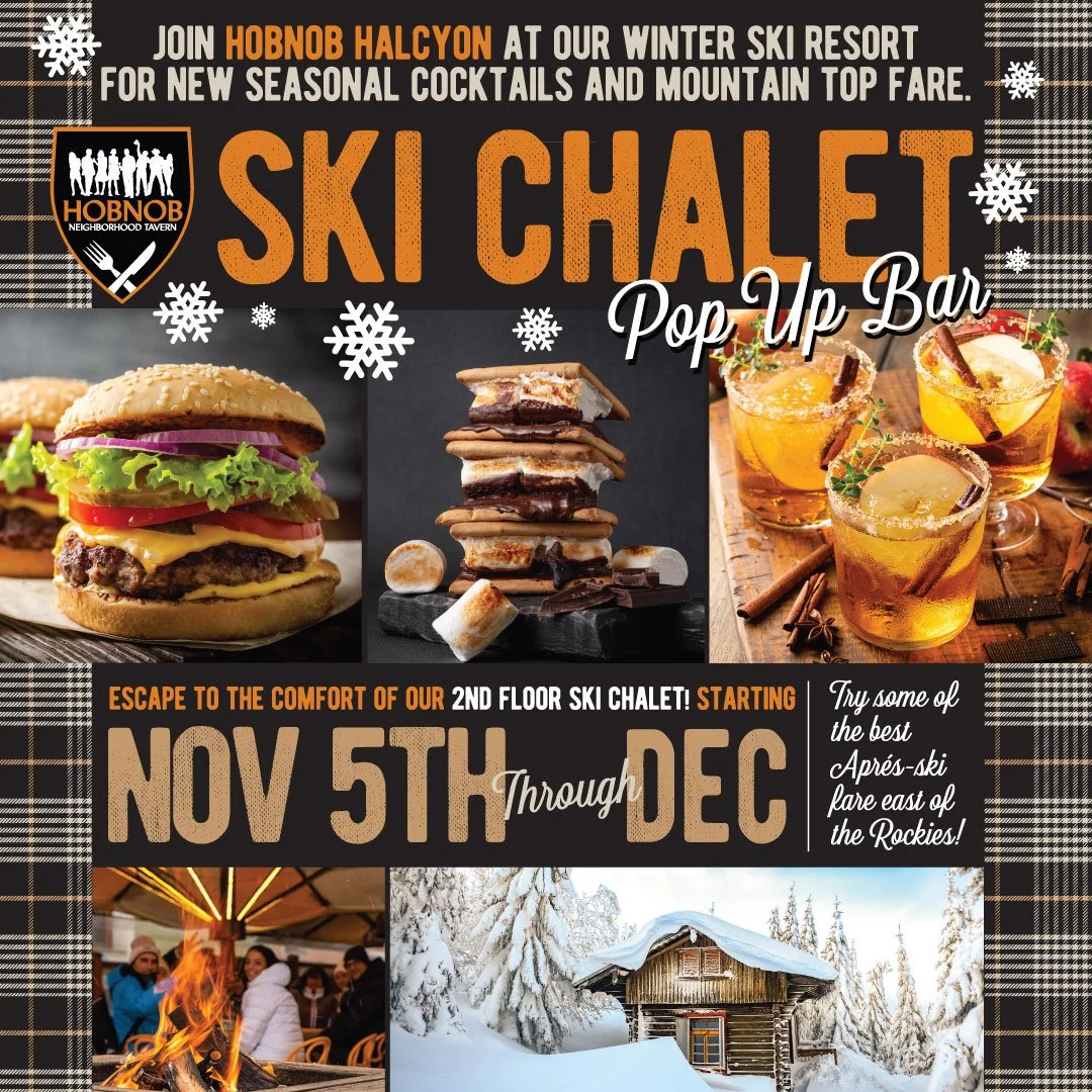 Promotional flyer for HOBNOB's Ski Chalet pop-up