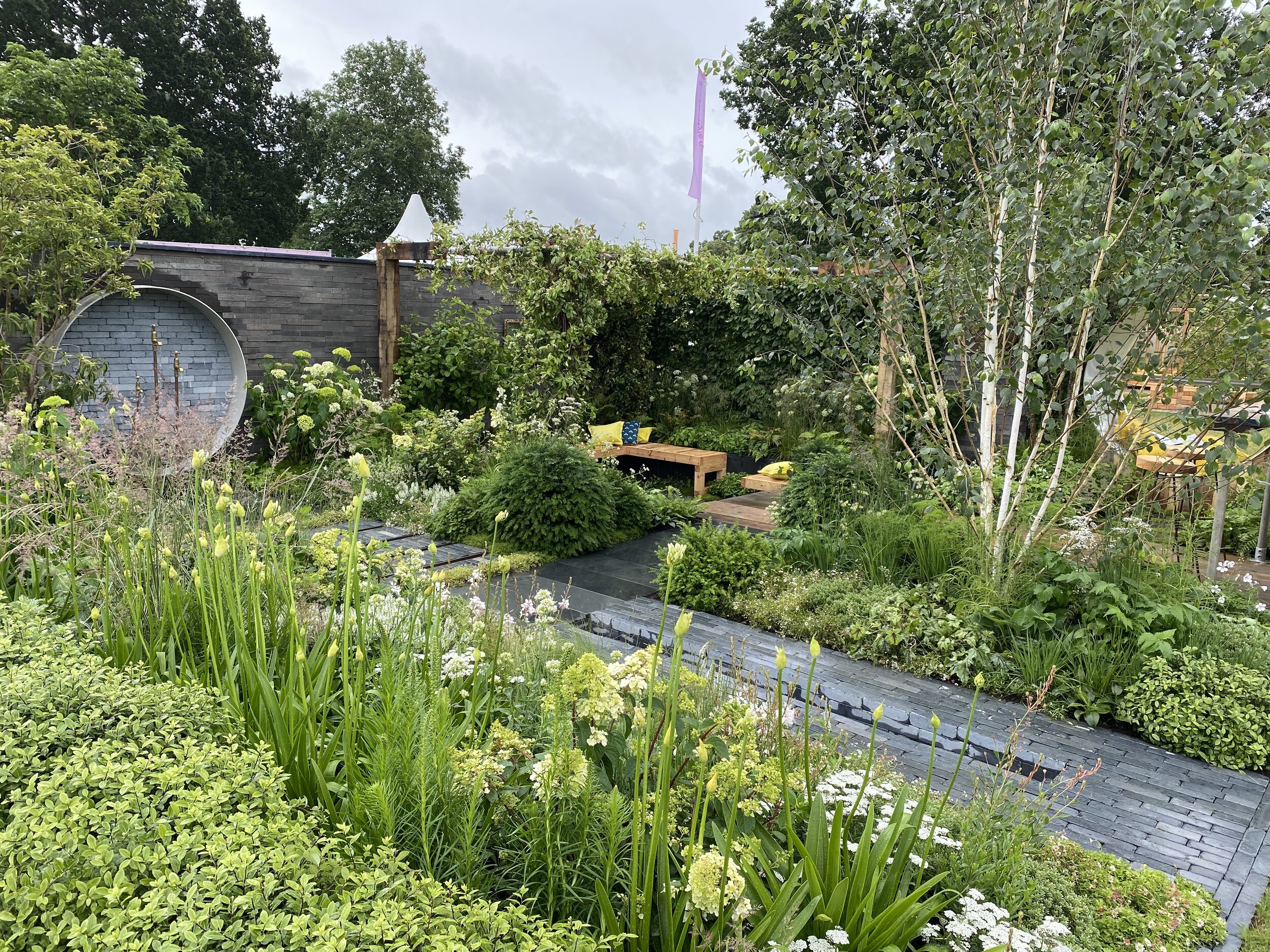 Garden design for RHS Hampton Court - Water feature with brass taps and limestone brick rill - Garden Designer Suffolk