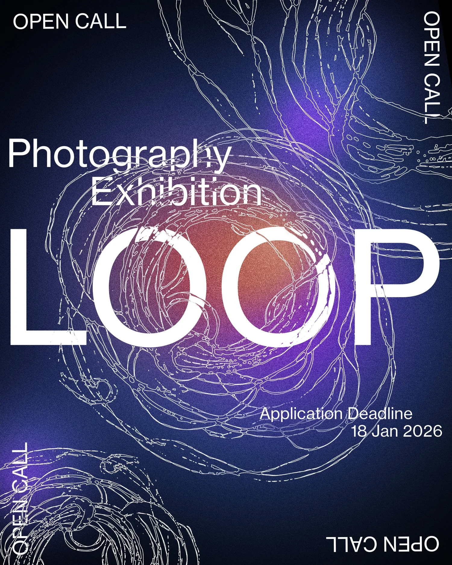 Promotional poster for a photography exhibition with abstract line art of camera lenses or related equipment, a dark blue to purple gradient background, and event details including application deadline of January 18, 2026.