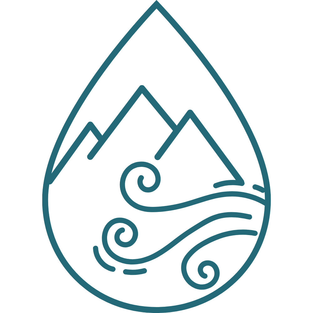 Line drawing of a mountain with swirling wind or water elements inside a teardrop shape.