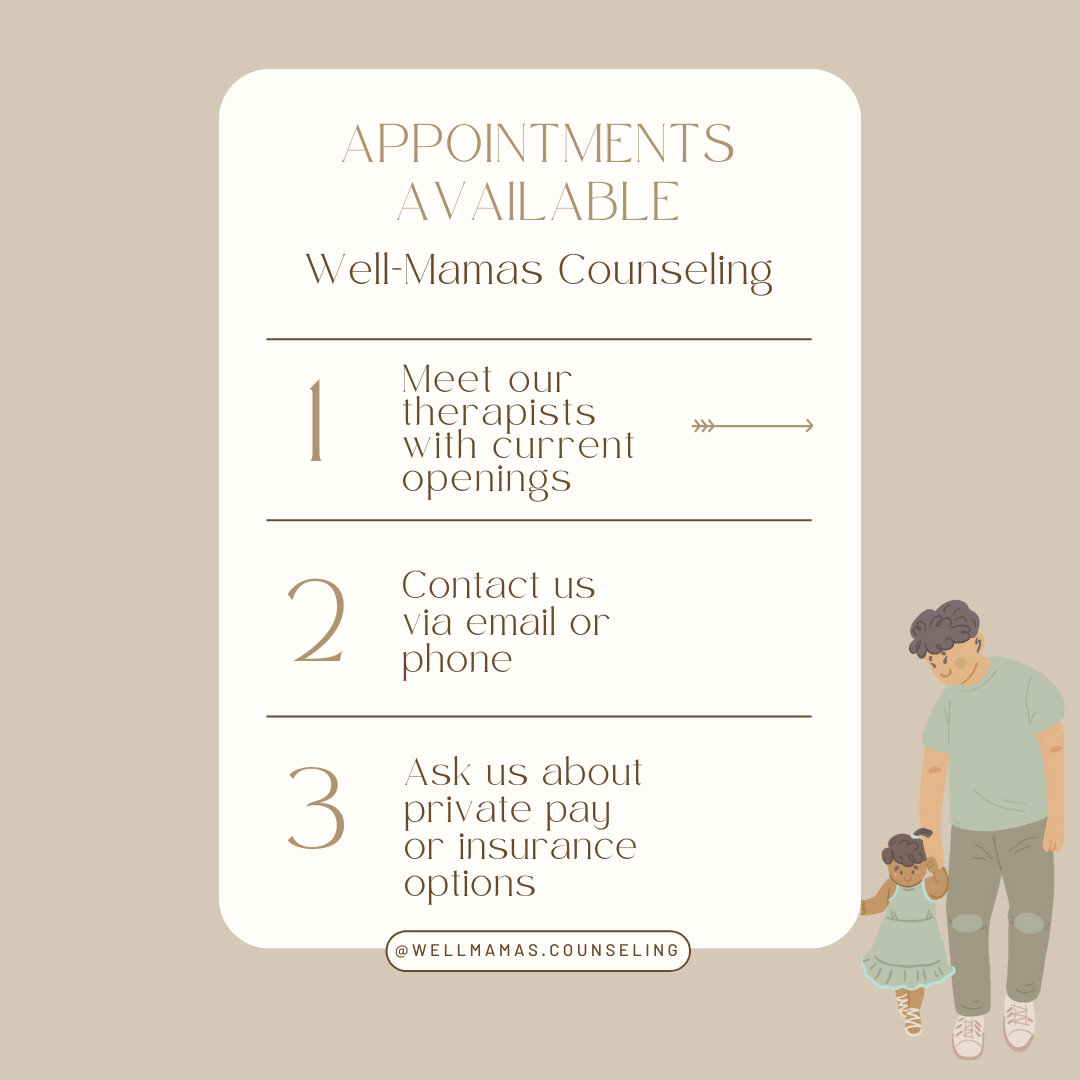 Swipe to meet the clinicians with available appointments. Bilingual (Spanish) psychotherapists are available. Contact us at info@wellmamascounseling.com to schedule or ask any questions about insurance options. To learn more about each psychotherapis