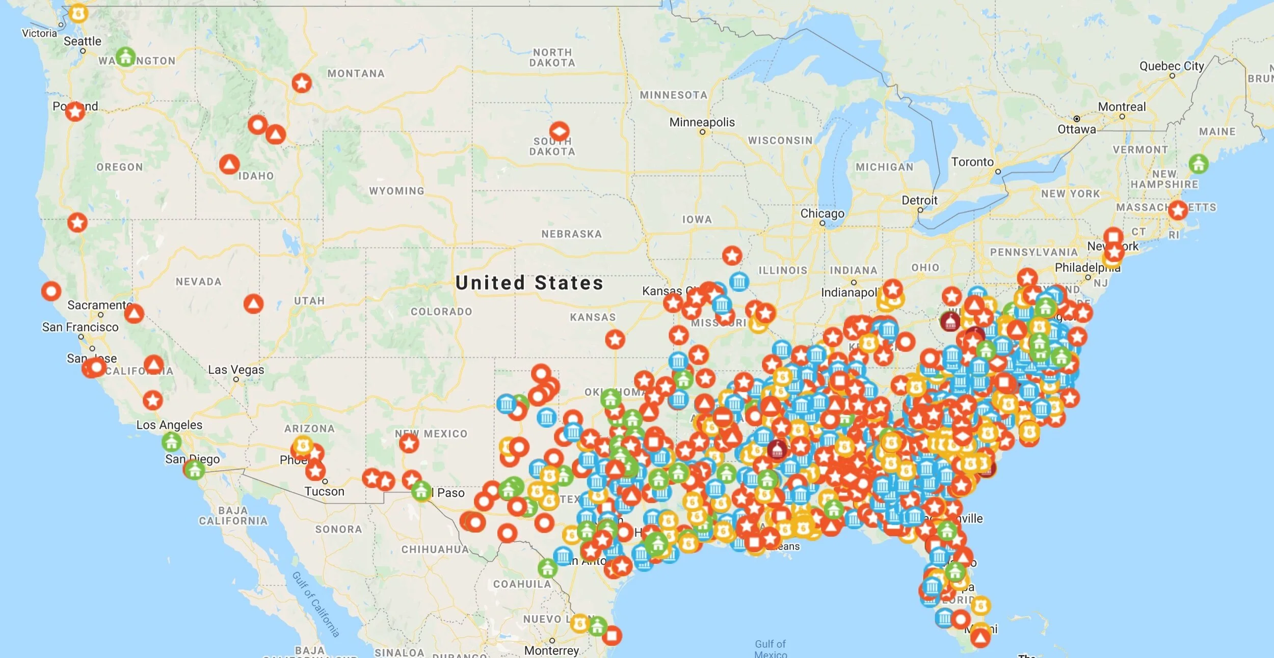 Map of Confederate Monument or Symbols located throughout the United States.  Source: Southern Poverty Law Center/Google Maps