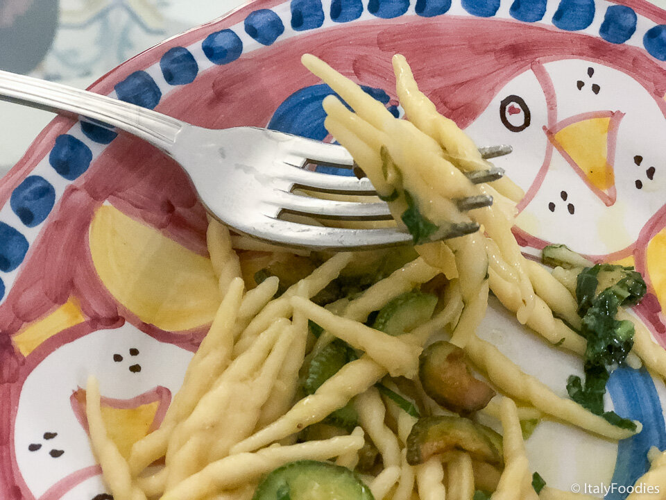 Strozzapreti pasta with fresh spinach and zucchini, Sorrento
