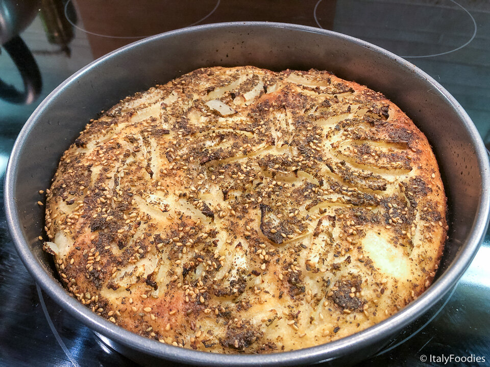 Focaccia with Onions and Za'atar (a yummy savory/citrusy Middle Eastern herb mixture of oregano, cumin, sesame seeds, and sumac.