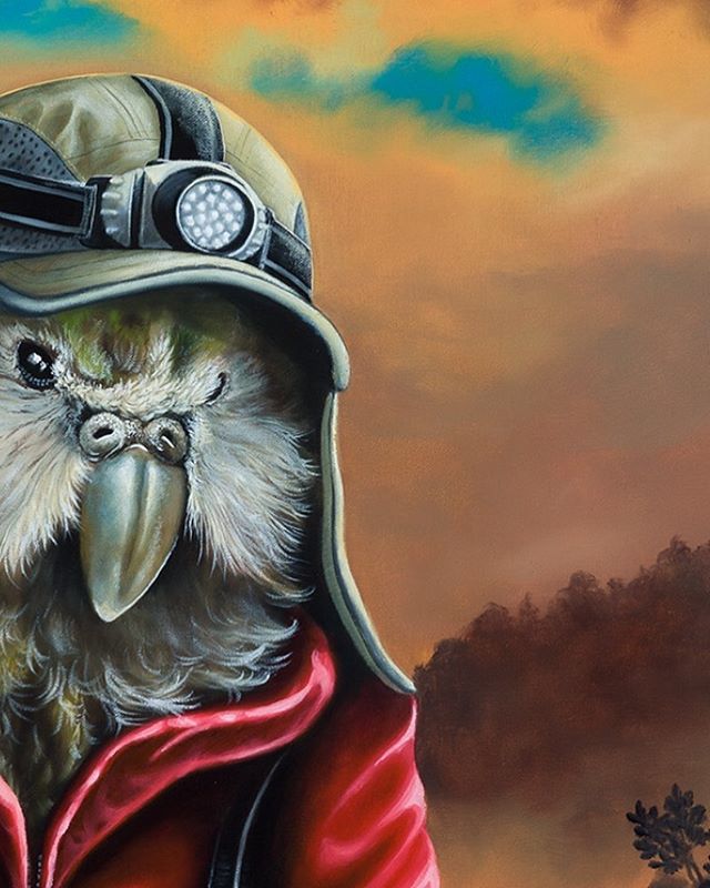 A crop of &ldquo;Hillary&rdquo; the hiking Kākāpō, NZ&rsquo;s largest parrot this nocturnal bird has its trusty headlamp for when the lights go out!

Oil on Canvas 750x1200 &ldquo;SOLD&rdquo;