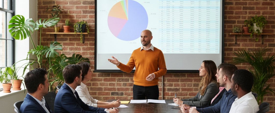 Founder Seena leading a workday presentation around conference table