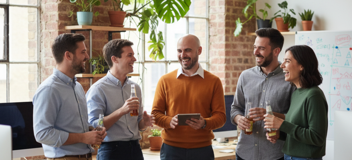 Team members winding down and after a productive workday