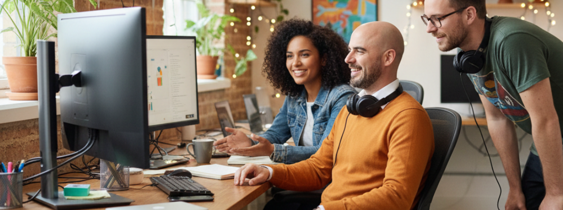 Kandor Solutions founder Seena and other team members sharing a monitor