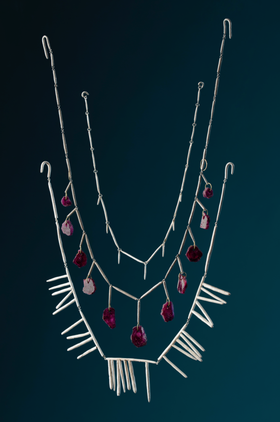 Imhotep earring in planished sterling silver, spring 2019 | Basmati, Wild Rice and Tanah necklaces in sterling silver, 22k yellow gold and sliced ruby