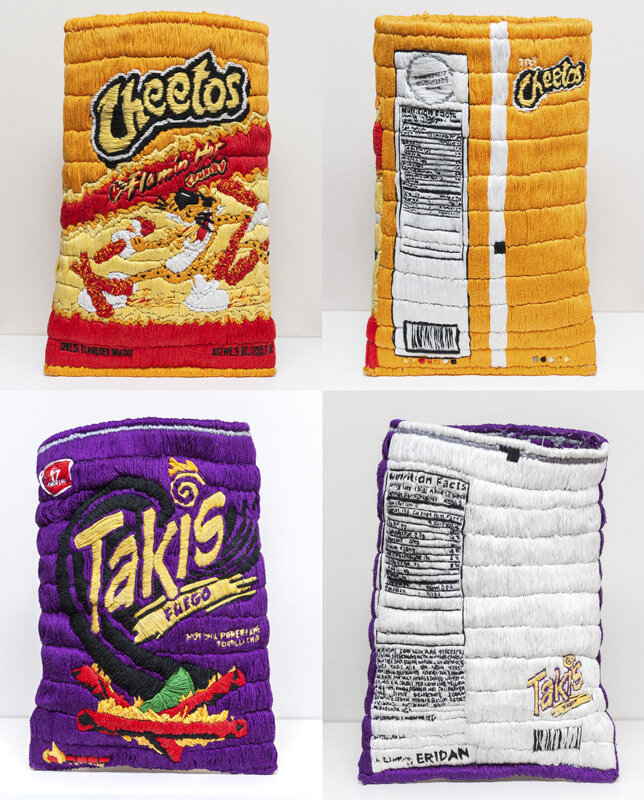 "Hand-embroidered Hot Cheetos &amp; Takis", Hot Cheetos snack bag, Tacos snack bag, embroidery floss, plastic, size varies, 2016