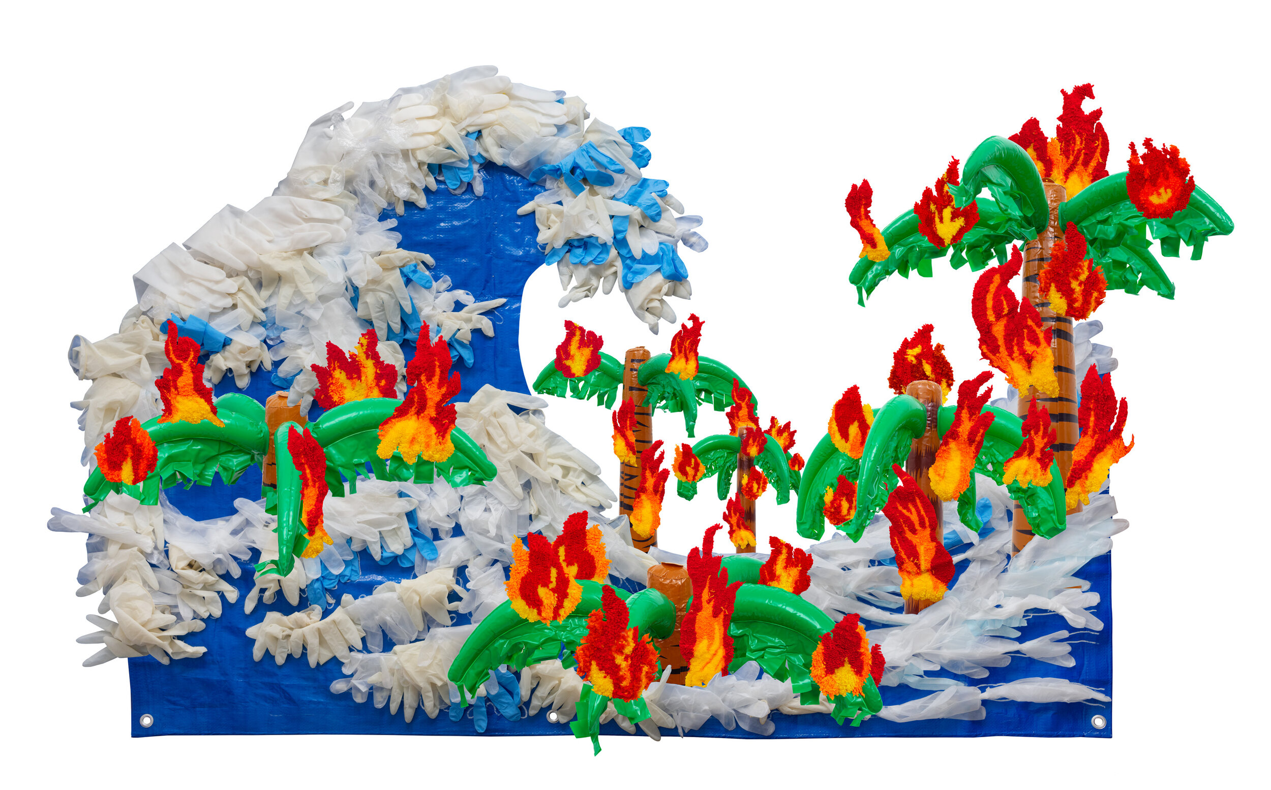 "Plastic Disasters", vinyl, latex, acrylic yarn, surgical masks on plastic tarp, 72 x 48, 2020