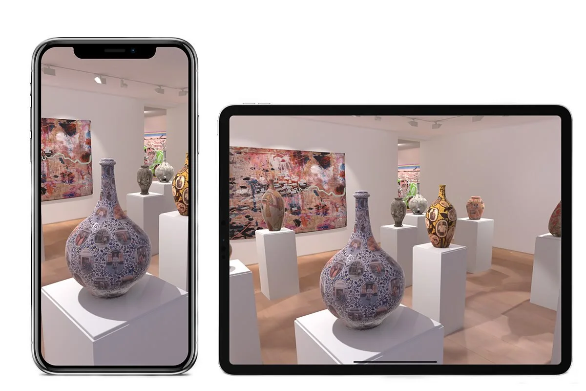 A mockup of the Vortic Curate App showing a VR representation or Grayson Perry's exhibition Super Rich Interior Decoration at Victoria Miro. All works © Grayson Perry, courtesy Victoria Miro