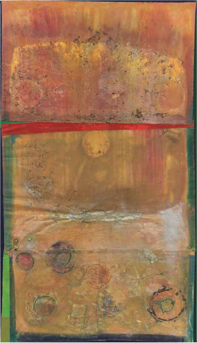 Frank Bowling, Passtheball, 2022. Acrylic, acrylic gel, and found objects on canvas with marouflage, 324.5 x 186.7cm. Courtesy Gagosian.