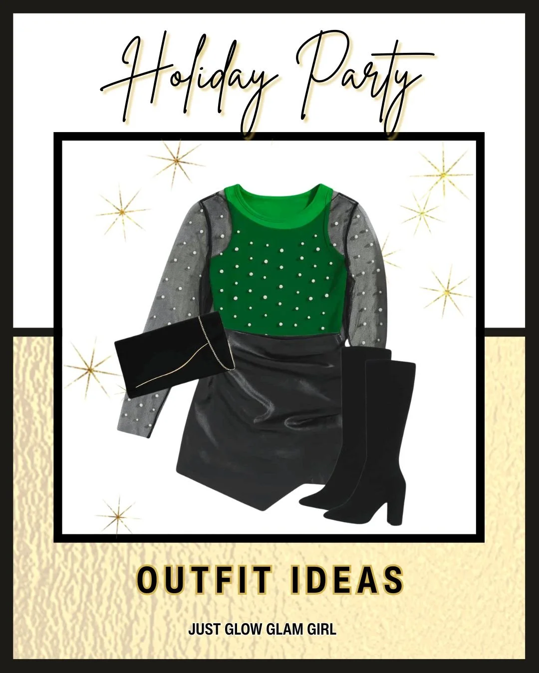 Green pearl-embellished sheer top, black faux-leather skort, tall black boots, black clutch. Dark, chic, statement-making holiday energy.