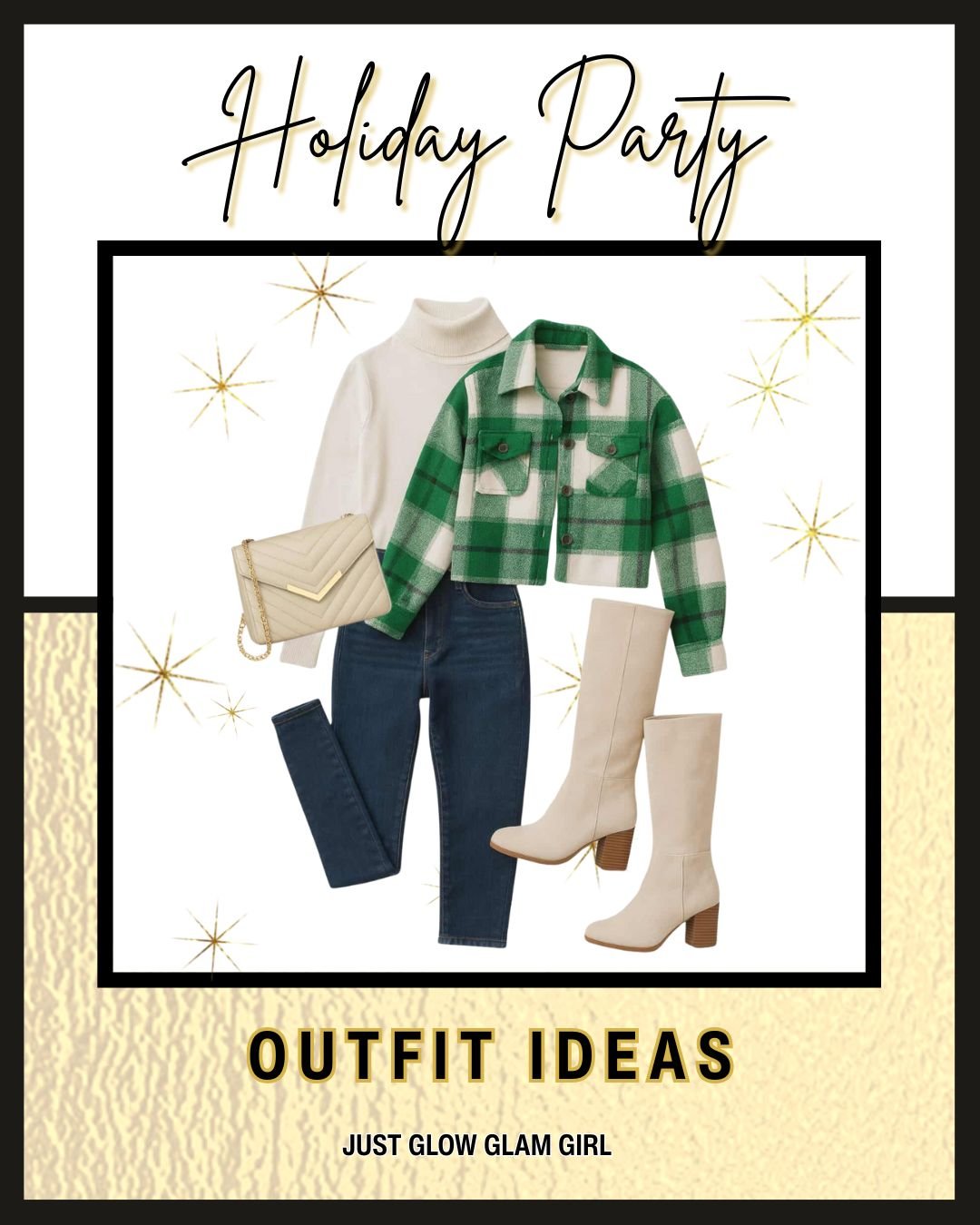 Cream turtleneck, green plaid shacket, jeans, cream knee-high boots, quilted cream bag. Neutral meets festive in a laid-back, wearable combo.