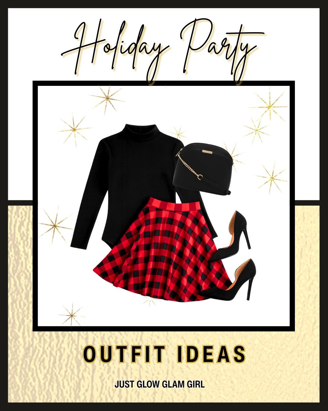 Black turtleneck, buffalo plaid skater skirt, black heels, black crossbody. Vibrant pops of red with a chic, minimalist silhouette.