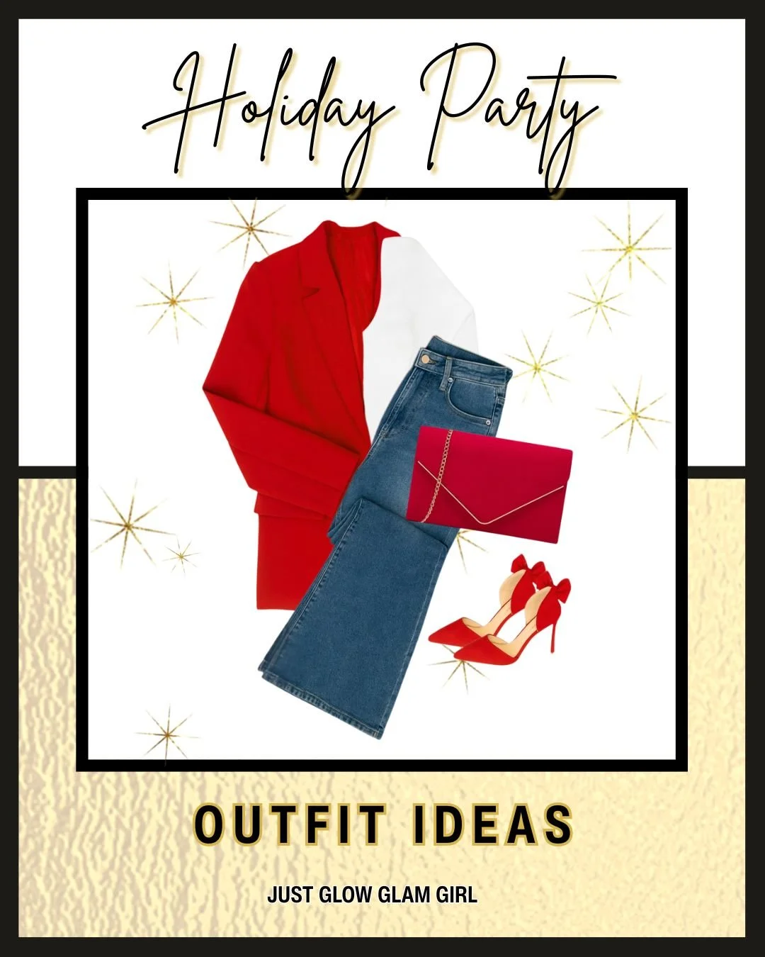 Red blazer, white top, jeans, red bow heels, red clutch. Classic holiday color palette with an elevated everyday feel.