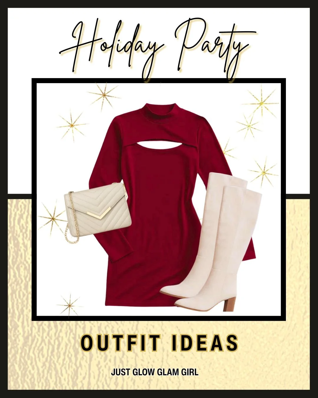 Wine cutout dress, tall cream boots, cream quilted bag. Clean, minimalist flat lay with soft ivory + merlot tones.