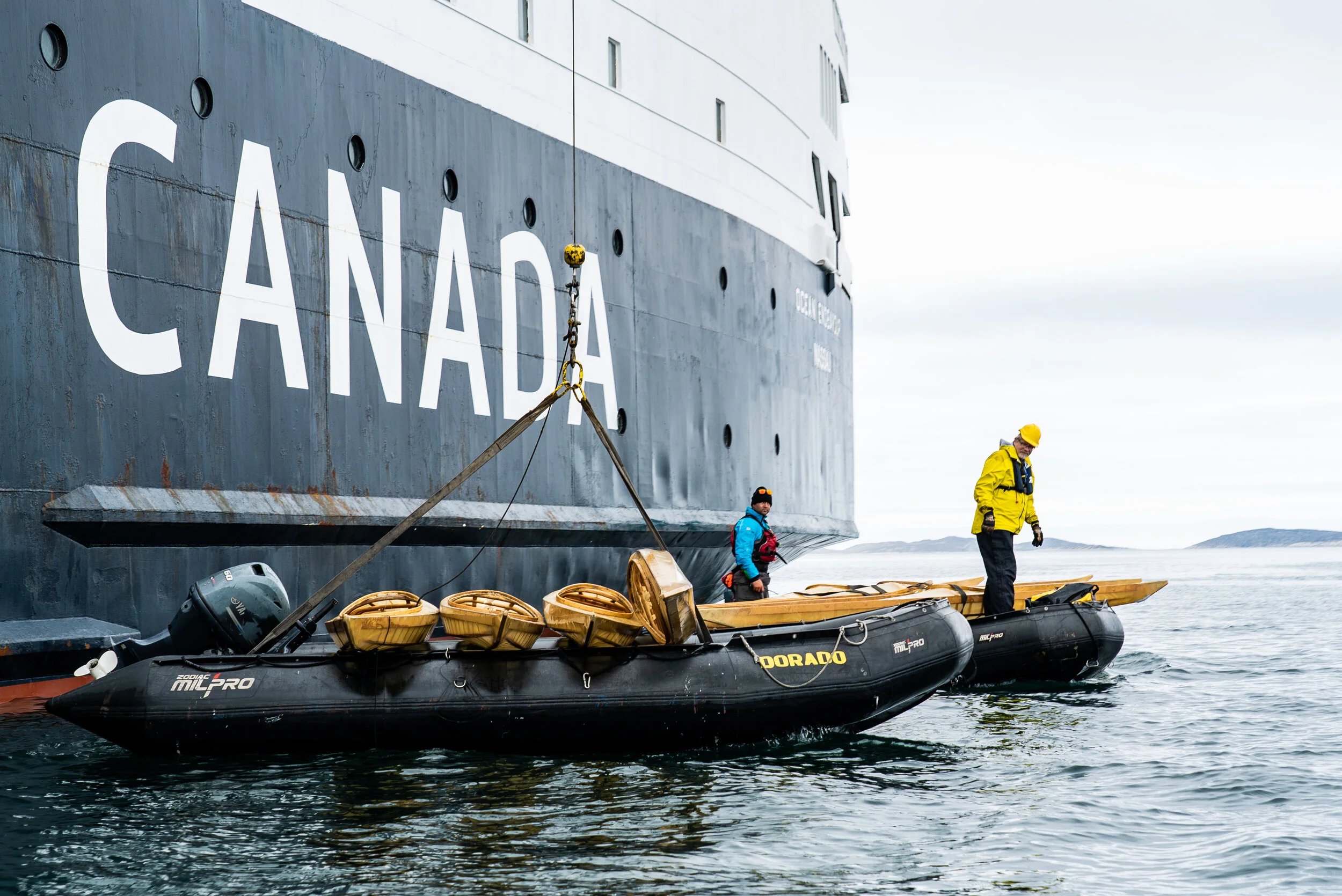 J-F and Erik loading the qajaqs back onto the Ocean Endeavour