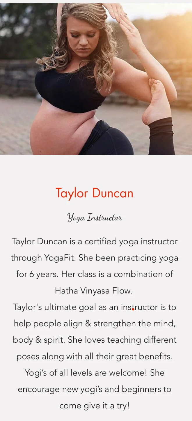 Taylor Duncan(502)297-3082Every Thursday (except holidays) at AHHA CenterPower Flow 6 pm-6:45 Power flow Traditional Yoga 7-7:45 pmClass descriptions: Power Flow - an upbeat class with current pop music that will get your hearts pumping an…